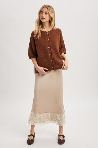 Lace Trim Satin Midi Skirt