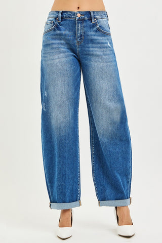 Curvy Mid Rise Barrel Double Roll Up Jeans