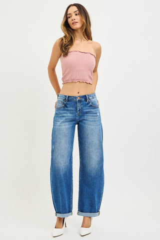 Curvy Mid Rise Barrel Double Roll Up Jeans