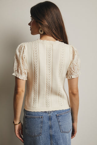 Ecru Lace Puff Sleeve Knit Top