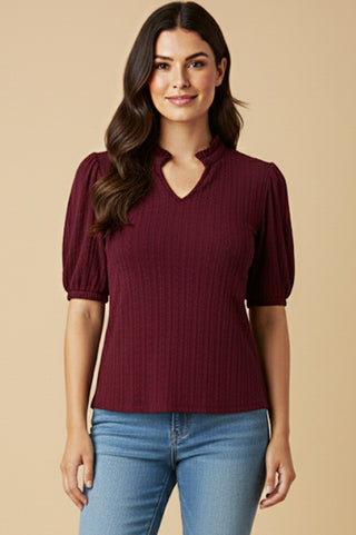 Cable Knit Ruffle Notch Collar Puff Sleeve Top