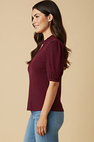 Cable Knit Ruffle Notch Collar Puff Sleeve Top