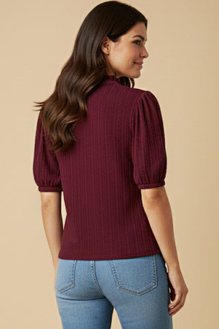 Cable Knit Ruffle Notch Collar Puff Sleeve Top