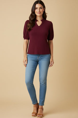 Cable Knit Ruffle Notch Collar Puff Sleeve Top