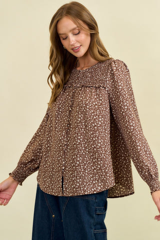 Long Sleeve Smocked Floral Blouse