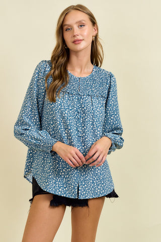 Long Sleeve Smocked Floral Blouse