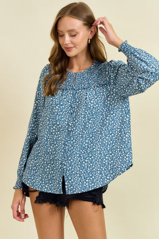 Long Sleeve Smocked Floral Blouse