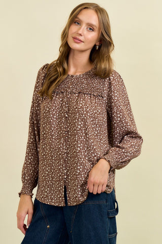 Long Sleeve Smocked Floral Blouse