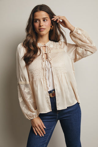 Embroidered Lace Tie-Front Blouse