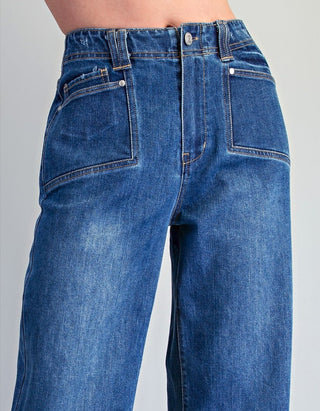 Frayed Hem Patch Pocket Wide Leg Denim Pants