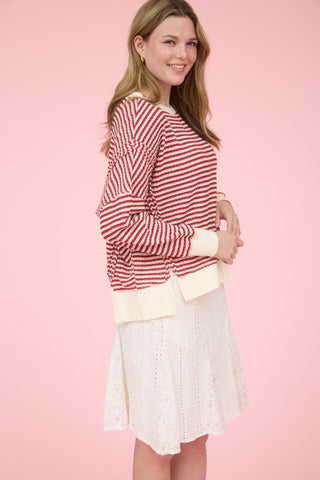 Stripe Seam Split Hem LS Knit Top