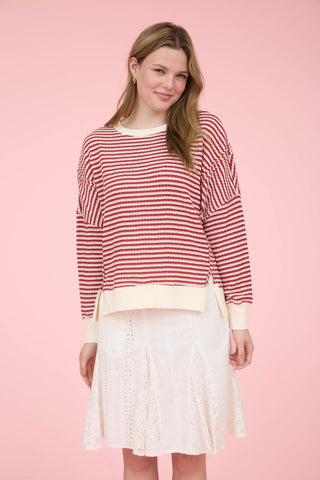 Stripe Seam Split Hem LS Knit Top