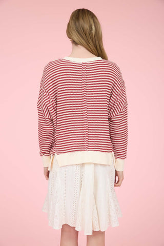 Stripe Seam Split Hem LS Knit Top