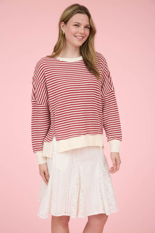 Stripe Seam Split Hem LS Knit Top