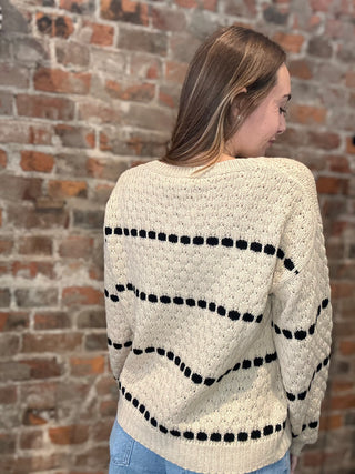 Curvy Spot Stripe Balloon Sleeve Knit Sweater