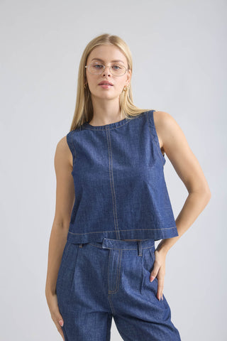 Boat Neck Back Button Denim Top