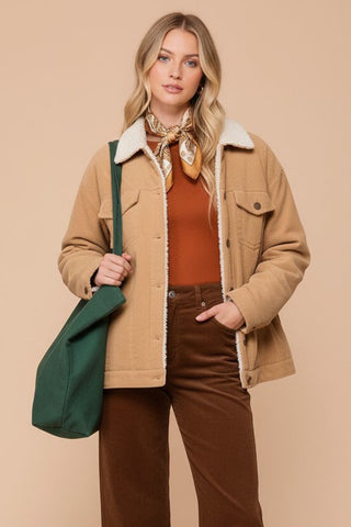 Cozy Taupe Corduroy Sherpa Collar Jacket