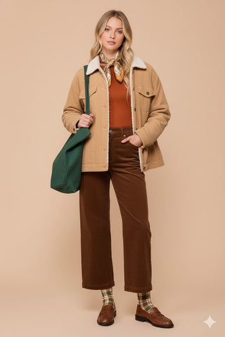 Cozy Taupe Corduroy Sherpa Collar Jacket