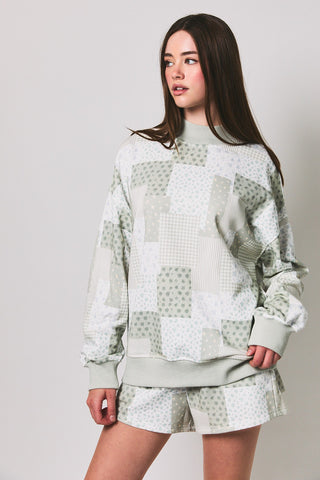 Mock Neck Patch Work Print Sweatshirt