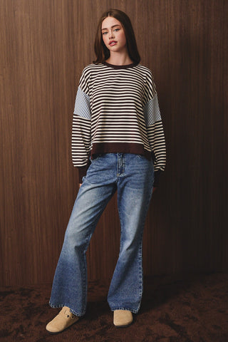 Striped Scoop Neck Contrast Sleeve Sweatshirt