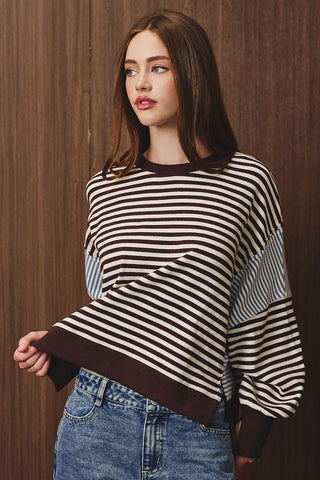Striped Scoop Neck Contrast Sleeve Sweatshirt