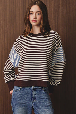 Striped Scoop Neck Contrast Sleeve Sweatshirt