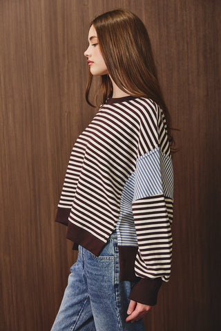 Striped Scoop Neck Contrast Sleeve Sweatshirt