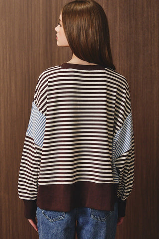 Striped Scoop Neck Contrast Sleeve Sweatshirt