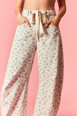Floral Print Denim Barrel Pants