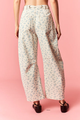 Floral Print Denim Barrel Pants