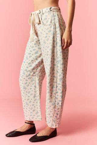 Floral Print Denim Barrel Pants
