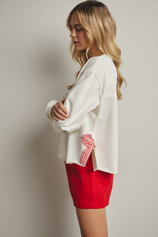 Side Gingham Bow Pullover