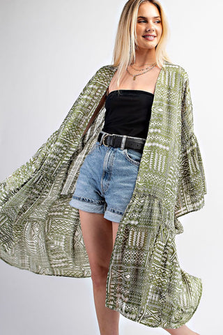 Mixed Print Open Front Kimono