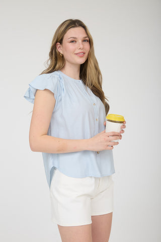 Curvy Ruched Shoulder Ruffle Sleeve Top
