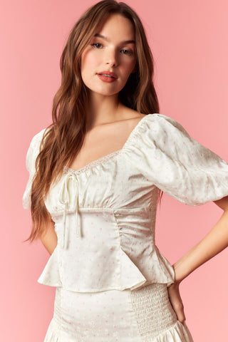 Jacquard Satin Bubble Sleeve Top