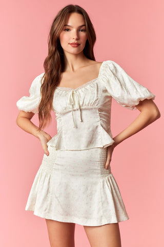 Jacquard Satin Bubble Sleeve Top