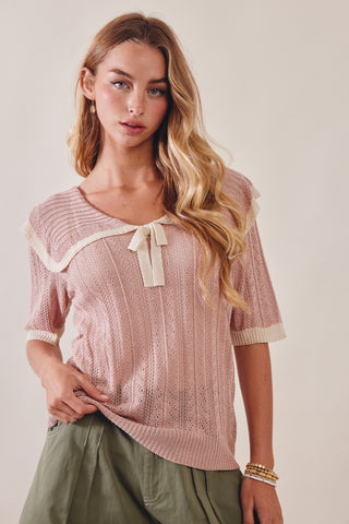 Knit Sailor-collar Ribbon Top