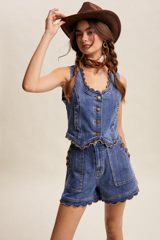 Scallop Button-side Denim Short Set