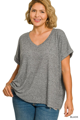 Curvy Soft Melange Hacci V-neck Tee