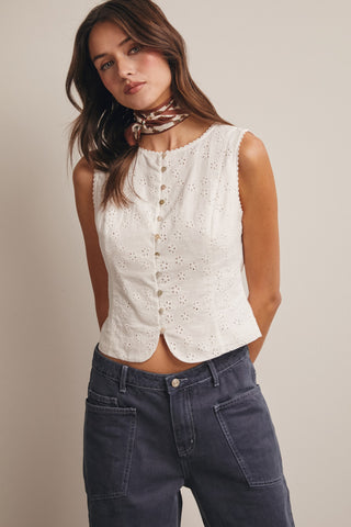 Eyelet Button-front Sleeveless Top