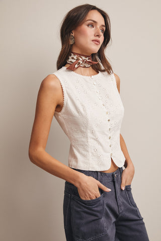 Eyelet Button-front Sleeveless Top