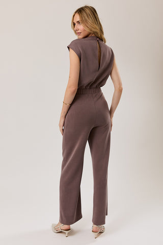 High Neck Pleated Shoulder Jumpsuit