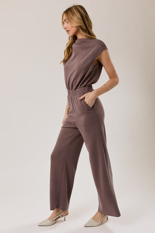 High Neck Pleated Shoulder Jumpsuit