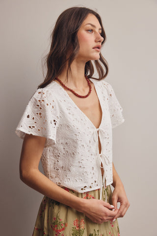 Eyelet Tie-front Lined Cotton Top