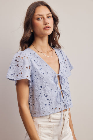 Eyelet Tie-front Lined Cotton Top