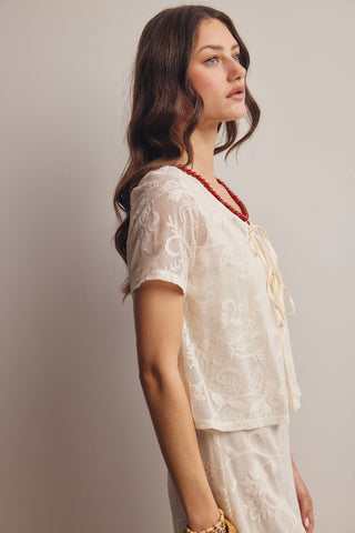 Lace Tie-front Short Sleeve Top