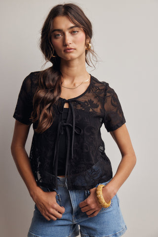 Lace Tie-front Short Sleeve Top