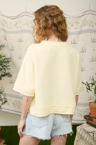 Raw Edge Henley SS Waffle Knit Top