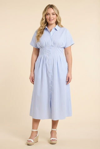Curvy Button Down Pintucked Waist Dress