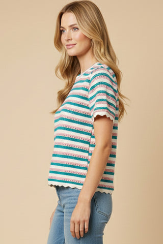 Scallop Lace Trim Striped Open Knit Top